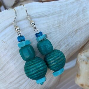 Drop Earrings Handcrafted Glass And Wood Bead Design Boho Sterling Silver Hooks